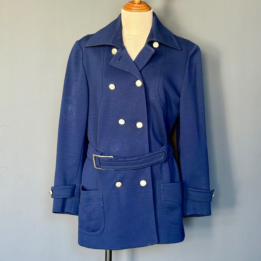 Vintage 1970s Navy Wool Belted Pea Coat | Size Medium | Mod | Butte Knit Jacket